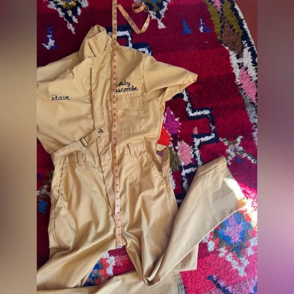 70s Vintage Yellow Cotton Blend Boiler Suit w Chainstitch Detailing Sz M-L - Picture 5 of 15